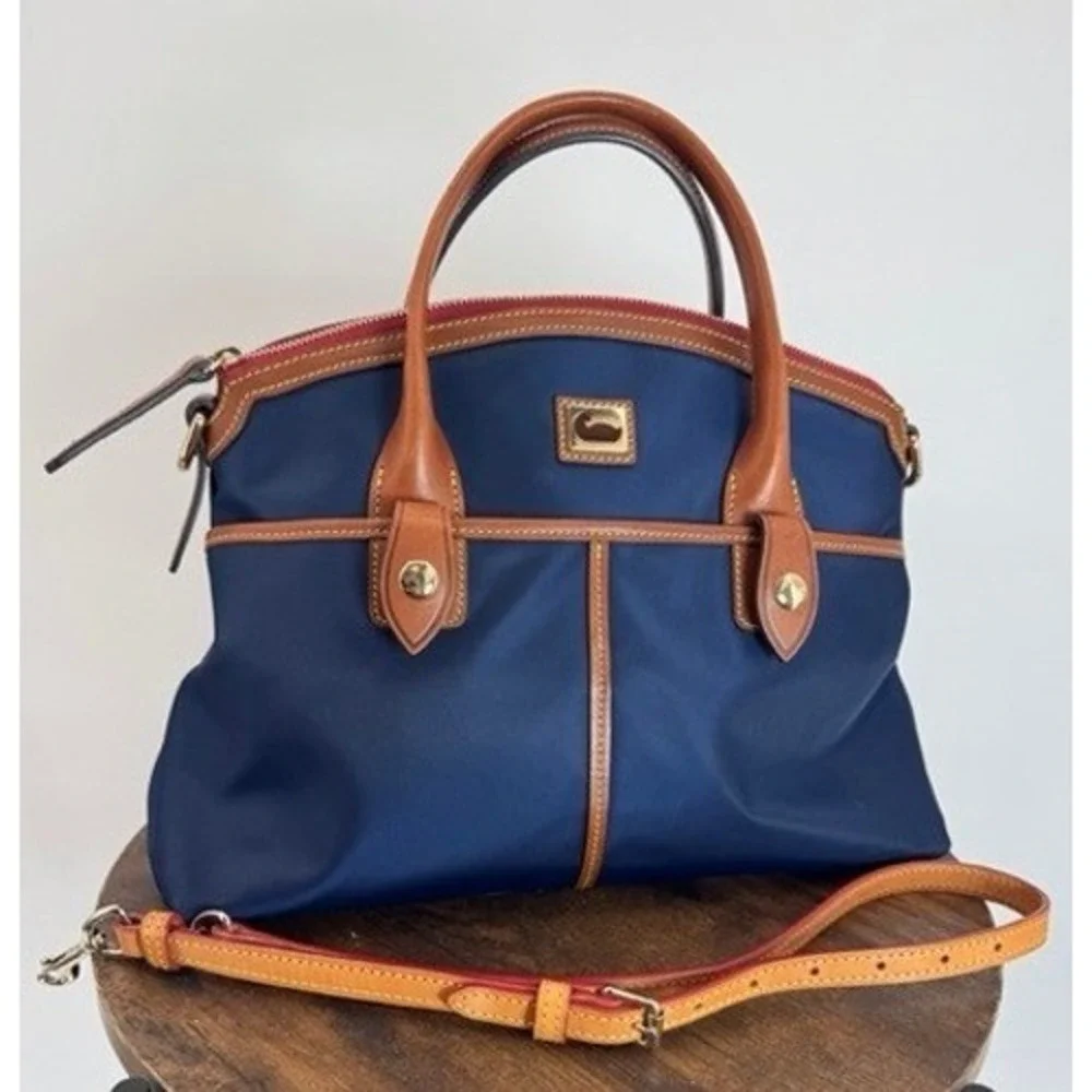Dooney Bourke Navy Blue Wayfarer Domed Nylon Leather Trim Satchel Crossbody Bag